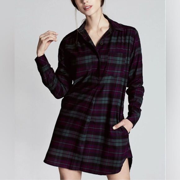 Harshman Tops - Harshman Plaid Green & Purple Cotton Plaid Shirt Oversized Tunic(Size Medium)